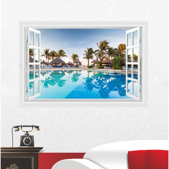 Decal trang trí khung cửa sổ 3D cảnh Hồ bơi đẹp trong Resot lớn