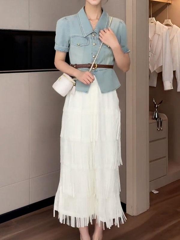 SHUANGYAN Trang phục giảm tuổi thanh lịch 2023 Áo denim ngắn mùa hè+váy nửa người màu