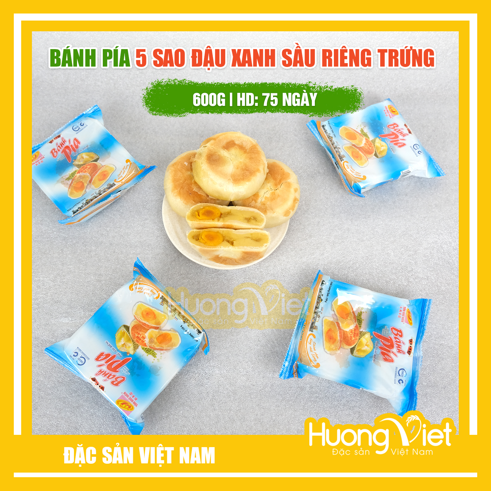 Đặc Sản Sóc Trăng - Bánh Pía Sóc Trăng Đậu Xanh Sầu Riêng Trứng Tân Huê Viên 600G, Bánh Pía Tân Huê Viên 5 Sao 1 Trứng