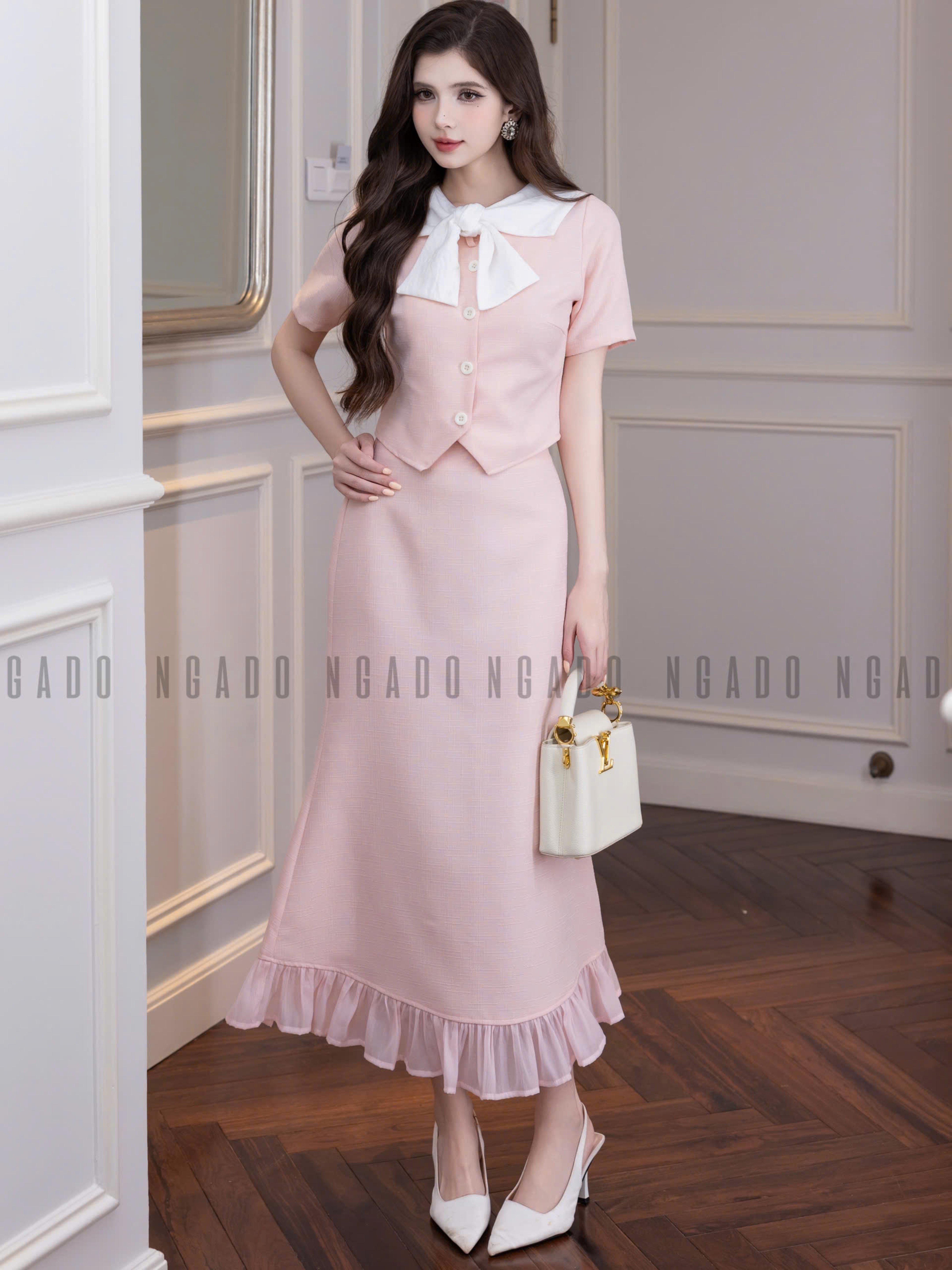 Set áo váy hồng cổ nơ trắng NGADO , set áo váy Nữ , set dự tiệc , công sở