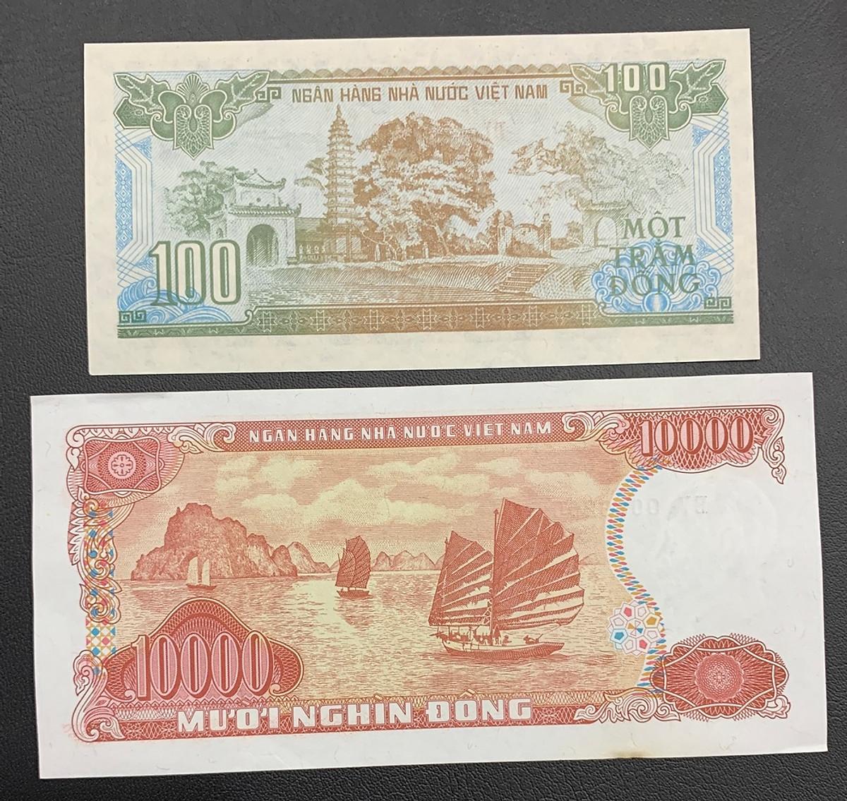 Cặp 2 tờ 100 đồng 1991 và 10000 đồng đỏ 1993 giấy cotton xưa [MỚI 99%], sưu tầm