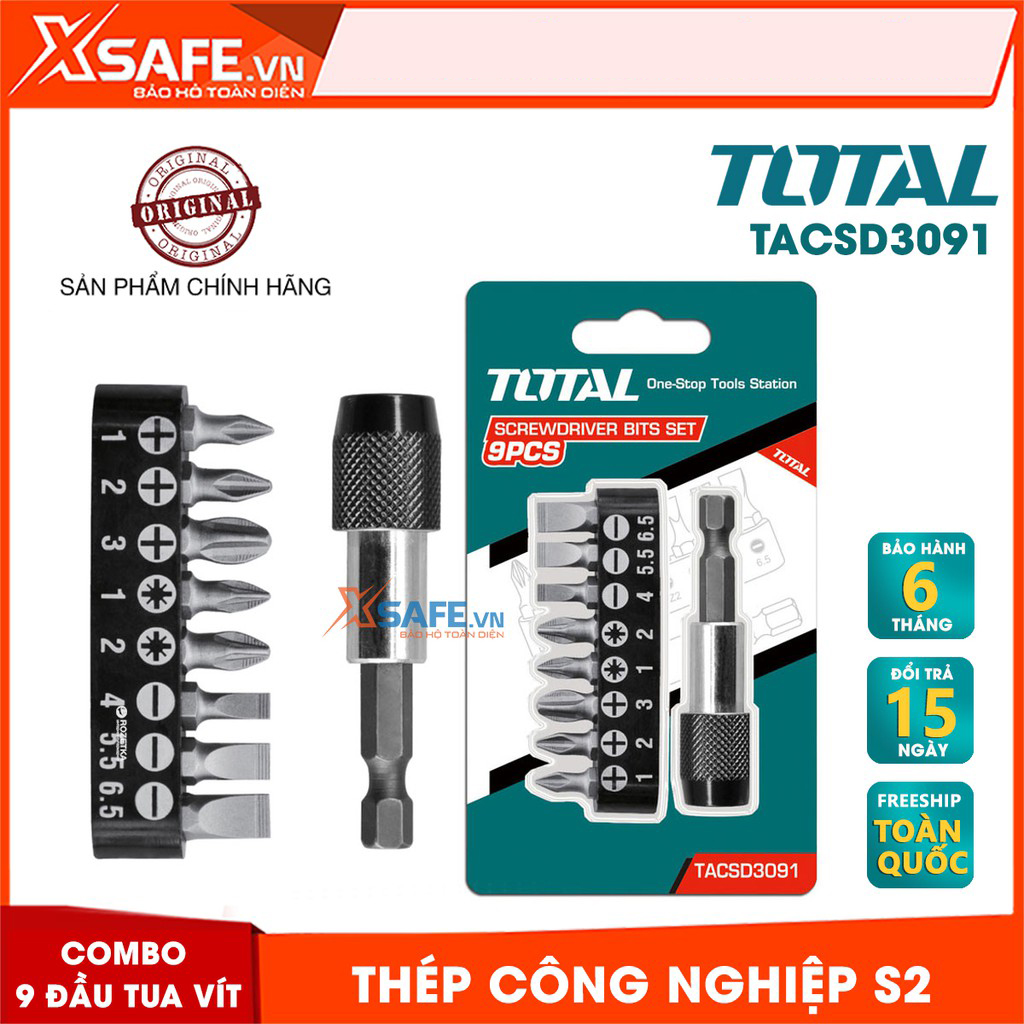 Combo 9 đầu tua vít TOTAL TACSD3091 được làm bằng chất liệu thép công nghiệp S2 cao cấp Tặng kèm theo 1 mũi vít TOTAL