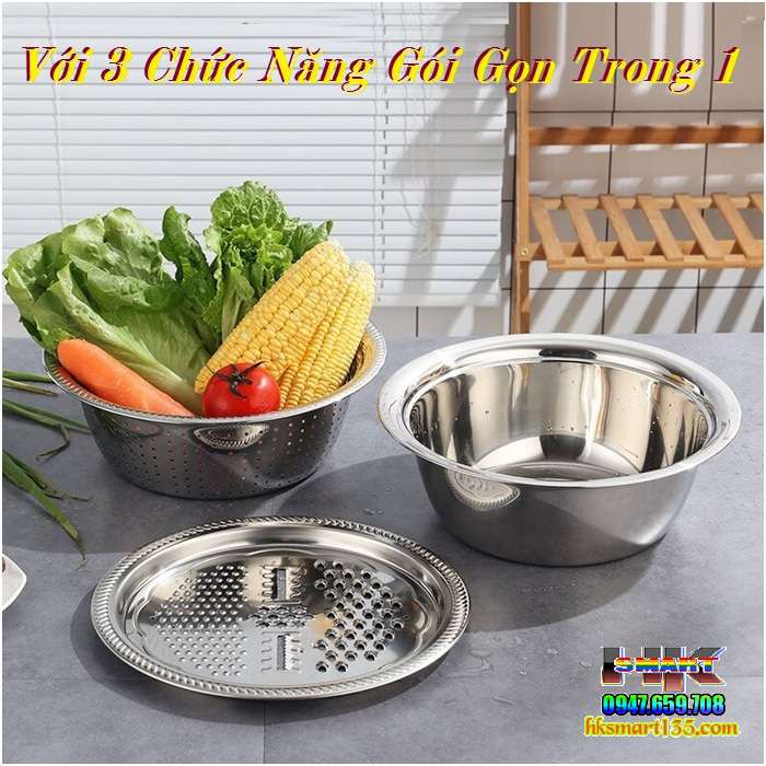 Bộ bào nạo rau củ kiêm rổ và chậu Inox đa năng, Bộ nạo đa năng thép chống rỉ kiêm rổ và chậu