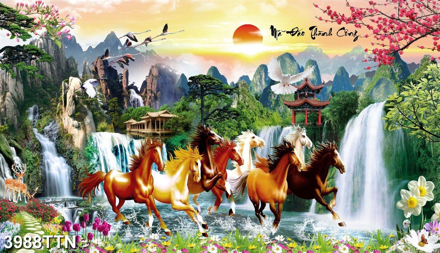 TRANH DÁN TƯỜNG 3D MÃ ĐÁO THÀNH CÔNG - TRANH DÁN TƯỜNG BÁT MÃ PHONG CẢNH - TRANH MÃ ĐÁO TRUY PHONG