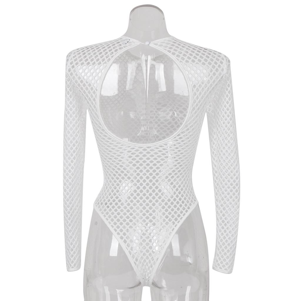 Women's Tight Mesh Long Sleeve Backless Bodysuit Jumpsuit Shapewear One Piece Swimsuit