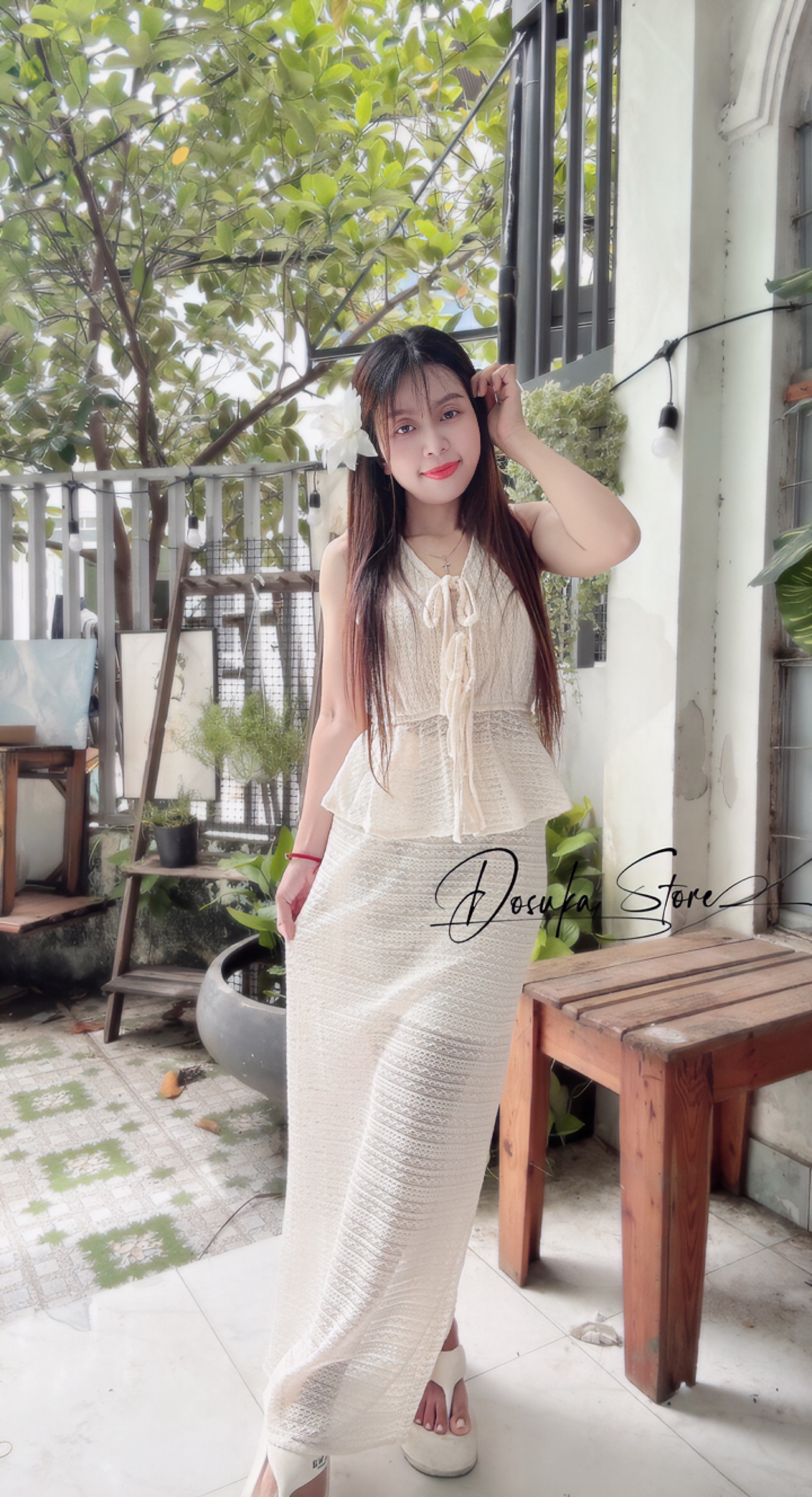 Set len váy dài cột nơ siêu hot
