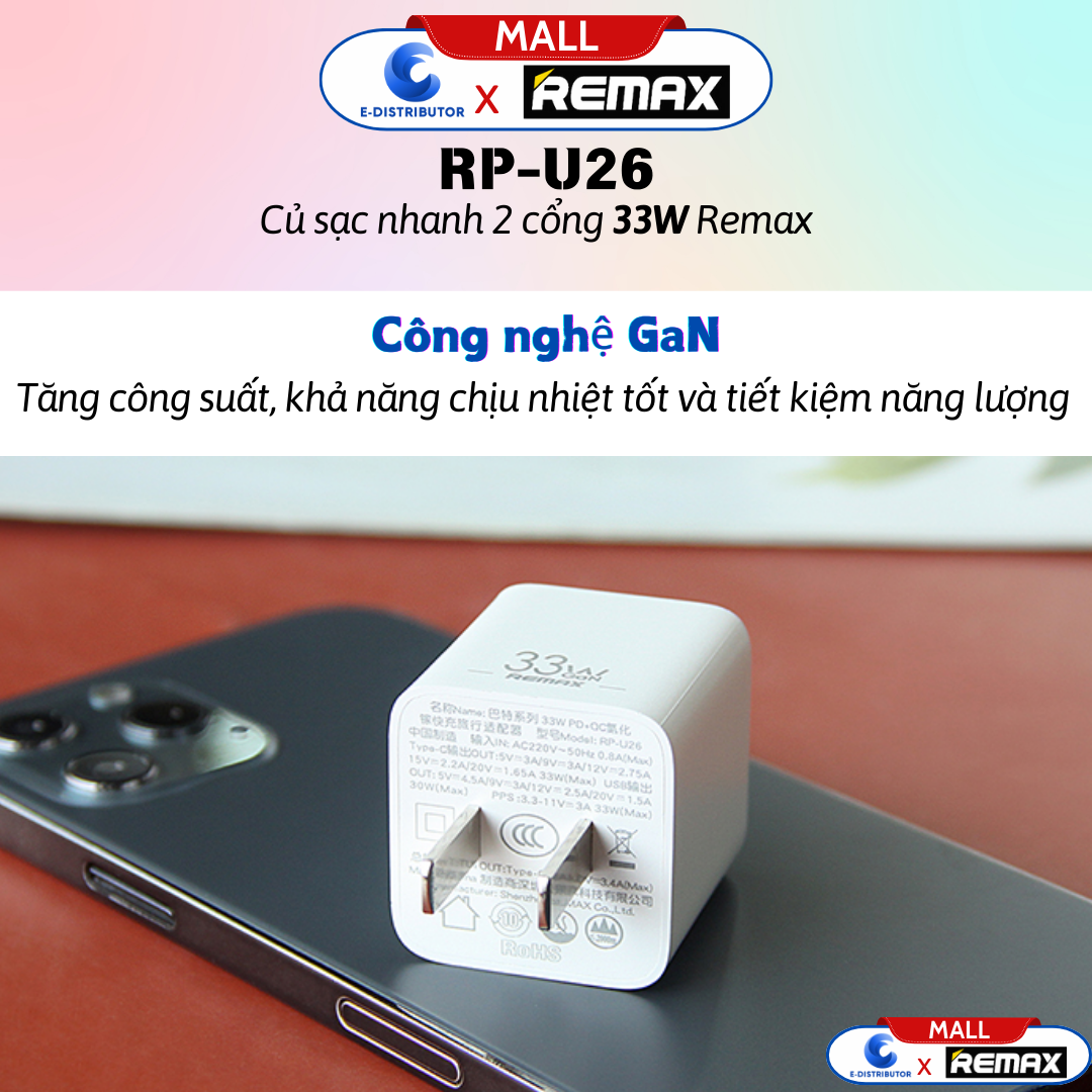 Củ sạc nhanh 2 cổng 33W Remax RP-U26 - hàng chính hãng - Bảo Hành 12 Tháng - sạc hai thiết bị cùng lúc tiện lợi