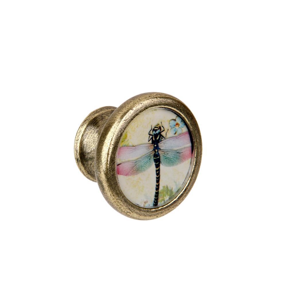 2x Retro Brass Door Knob Drawer Cabinet Cupboard Pulls Dragonfly+Butterfly