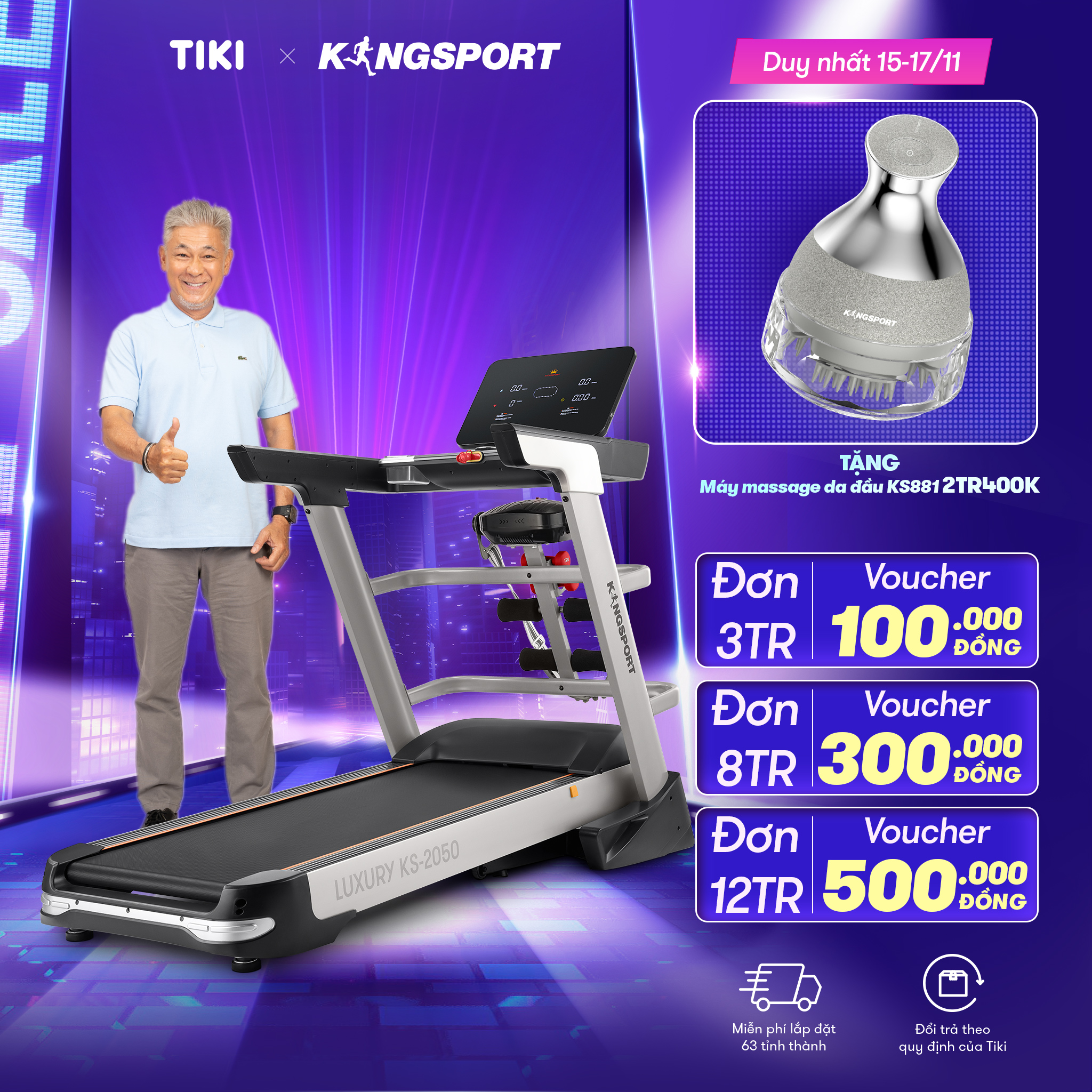 Máy chạy bộ tại nhà KingSport Luxury KS-2050 Đa Năng Có Chức Nâng Dốc Tự Động, Kèm Theo Đai Massage Và Thanh Gập Bụng