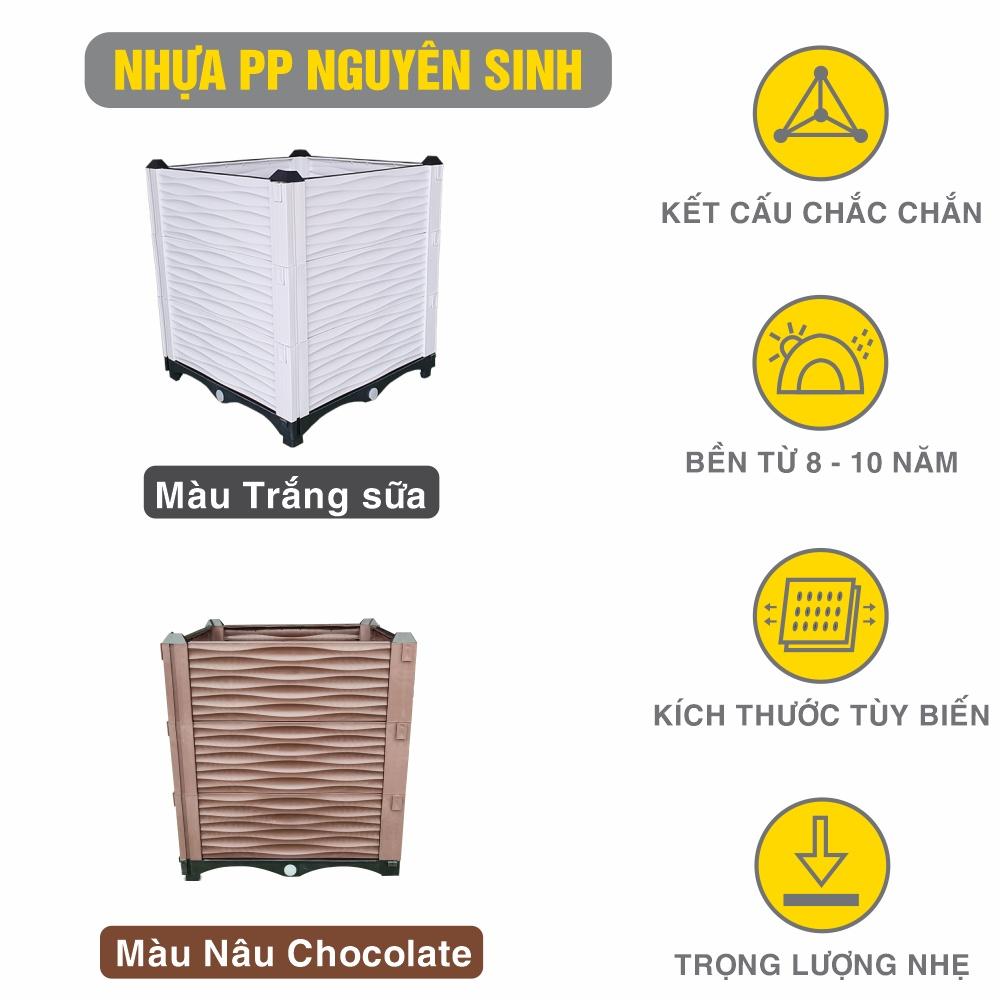 Chậu nhựa lắp ghép.Kích thước 50x50 cao 55 cm.Trồng rau, hoa, cây cảnh.Sang trọng - Thẩm mỹ - Bền hơn 10 năm.Bảo hành 1 năm toàn quốc