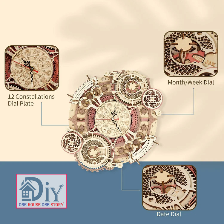 Mô hình gỗ lắp ghép Robotime ROKR Đồng hồ Cung Hoàng Đạo Zodiac Wall Clock Mechanical Time Art Engine LC601