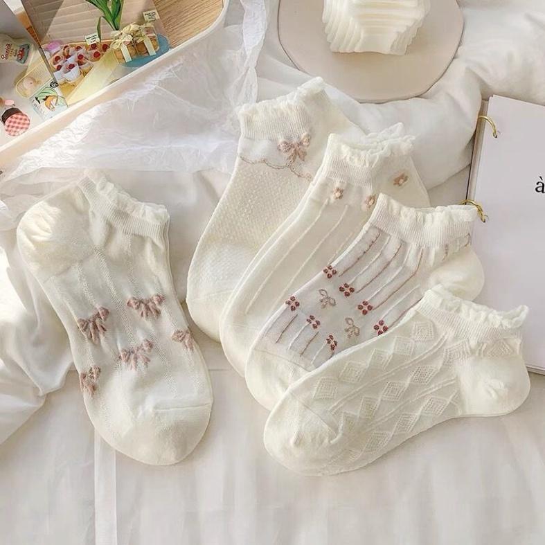 Set 10 Đôi Tất Vớ Nữ Cổ Ngắn Họa Tiết Nơ Nhún Bèo Cotton Kèm Túi.T37