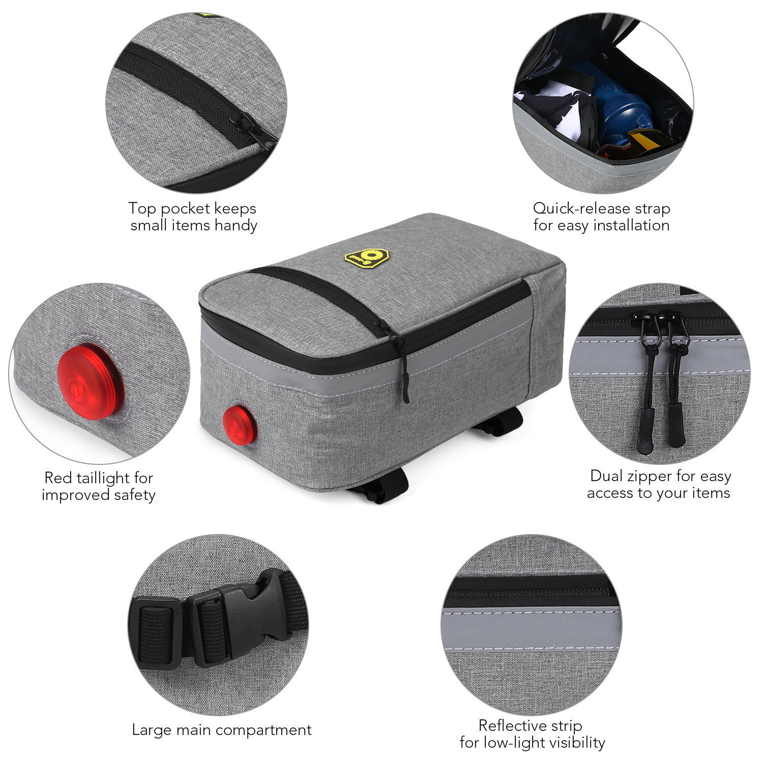 Túi giá sau xe đạp được làm bằng vải polyester, có đệm mút dày và lớp lót PVC,dải phản quang rộng và đèn cảnh báo màu đỏ