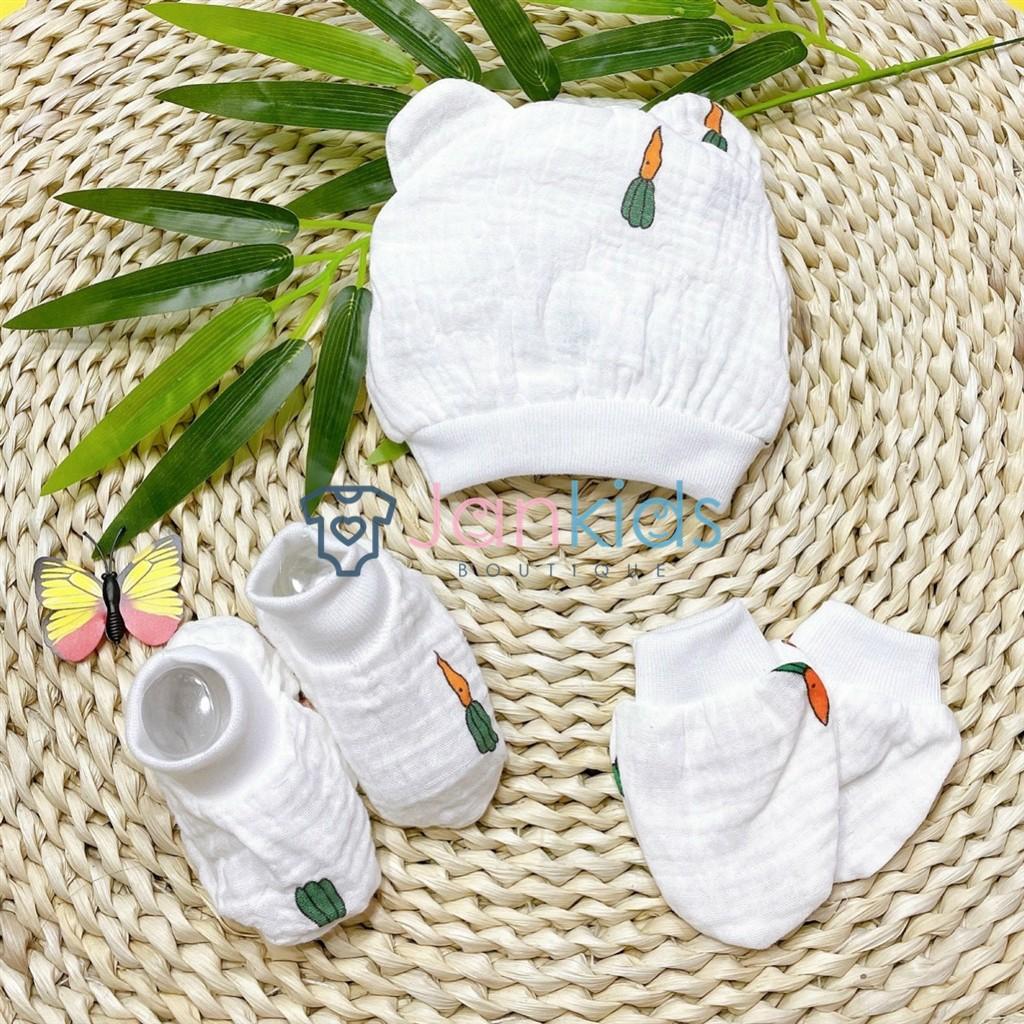 Set bao tay bao chân và mũ đội đầu sơ sinh cho bé chất vải xô mềm mại