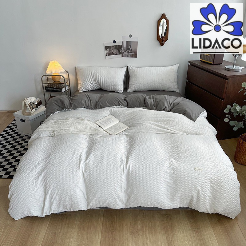 Bộ chăn ga gối cotton tici dum kẻ sọc Lidaco decor phòng ngủ vintage đủ mọi cỡ nệm