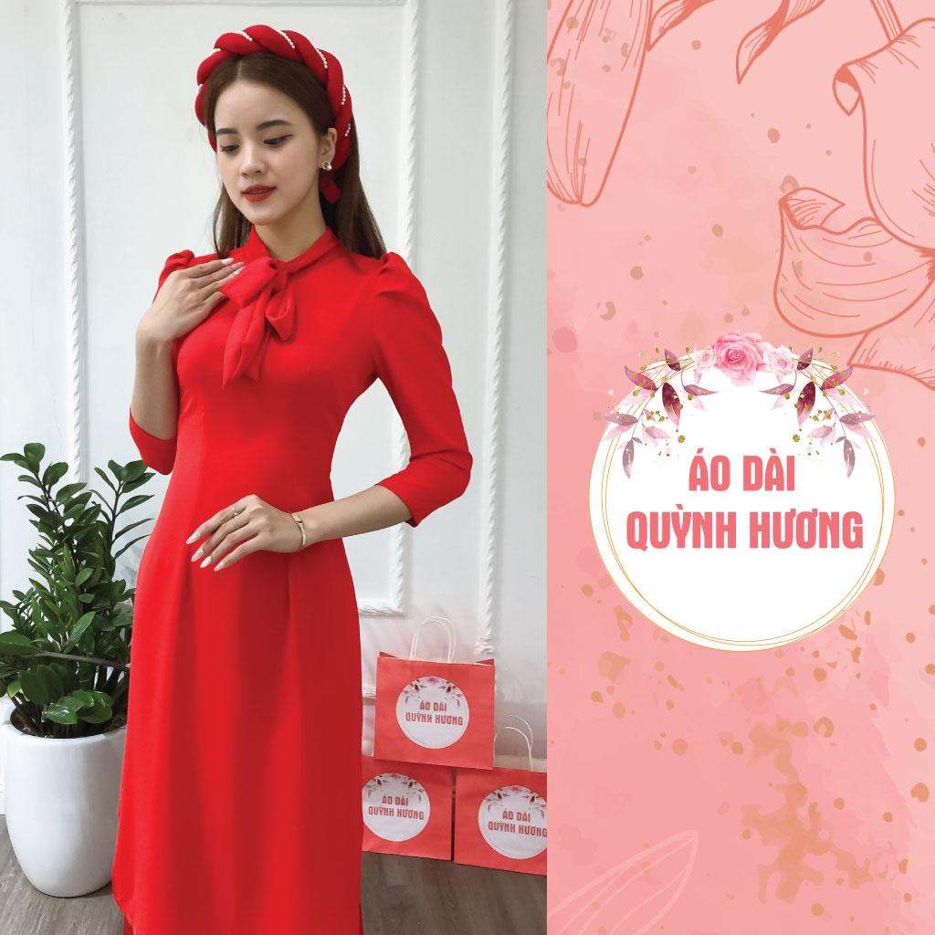 Áo dài lụa đỏ cách tân buộc nơ, áo dài lụa mỹ 2 tà