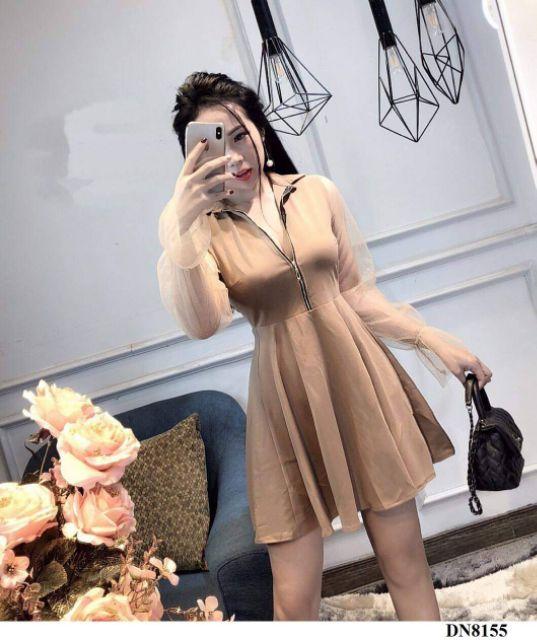 Đầm xòe tay dài voan lưới nhũ