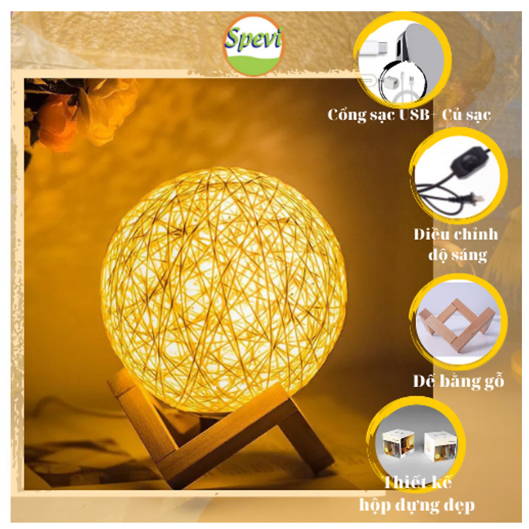 Đèn Ngủ Quả Cầu Mây - Đèn Ngủ Trang Trí Led Blackinner Có Điều Chỉnh Độ Sáng - Hàng chính hãng