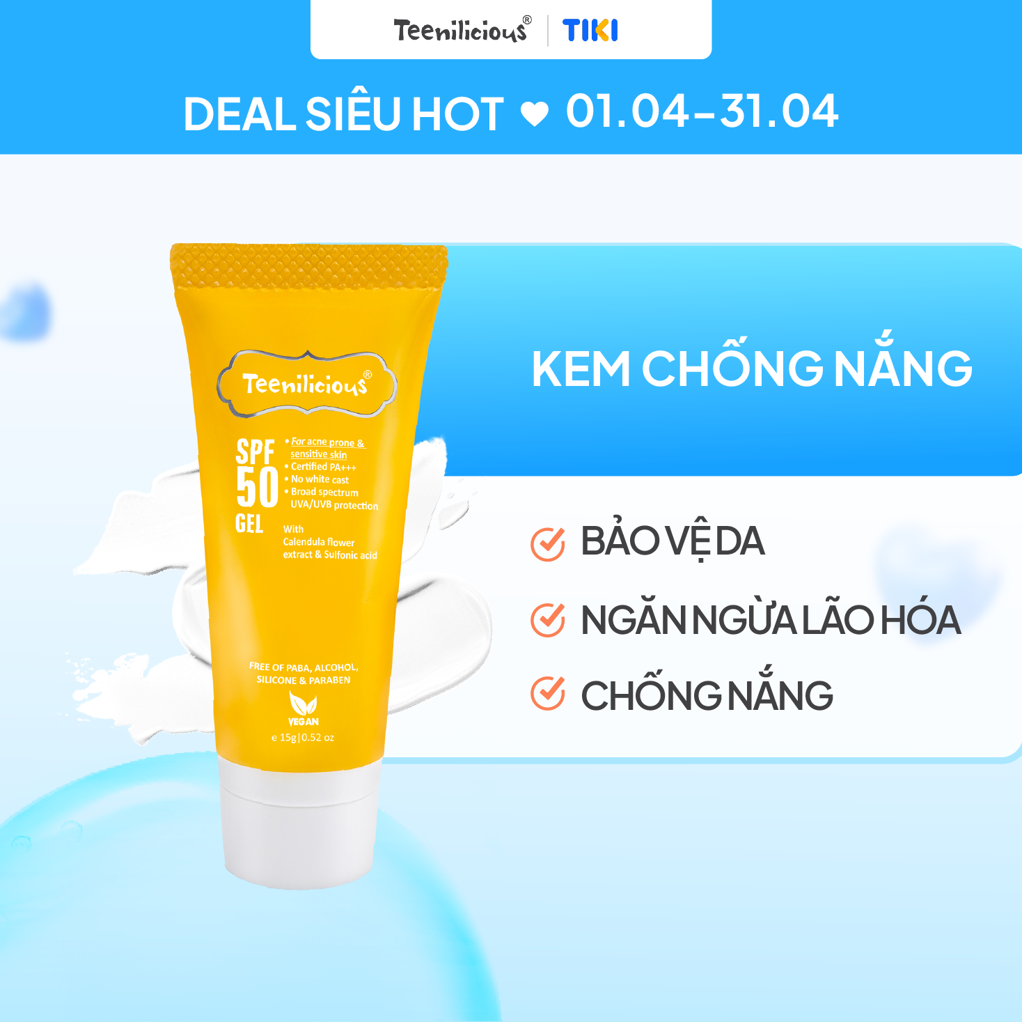 [Mini size] Kem Chống Nắng Teenilicious SPF 50 Gel PA+++ Mỏng Nhẹ Giúp Kiềm Dầu Dành Cho Da Dầu Mụn - 15g