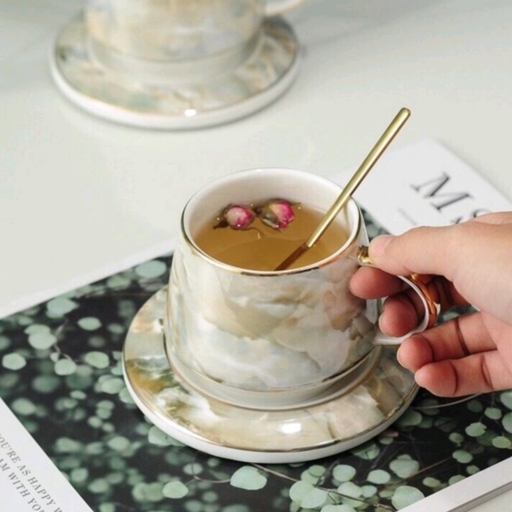 Bộ ấm chén sứ vân đá cẩm thạch cao cấp phong cách châu Âu