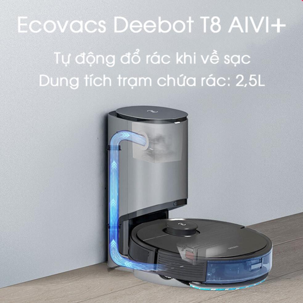 Robot hút bụi lau nhà thông minh Ecovacs Deebot T8 Aivi Plus Bản Quốc Tế Chính Hãng - Tích Hợp Dock Sạc Hút Rác Tự Động, Lực Hút 1500PA, TrueMapping Chính Xác Hơn, Điều Hướng Laser DtoF - Hàng Chính Hãng