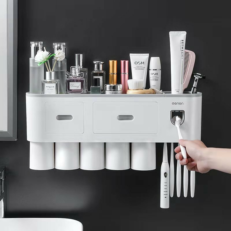 Bộ Nhả Kem Đánh Tự Động Oenon, Kệ Treo Bàn Chải Nhà Tắmg Dán Tường Kèm Cốc Hút Từ Tính - Oekem - Bộ 5 Cốc