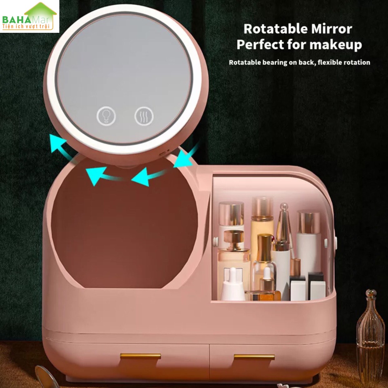 HỘP ĐỰNG MỸ PHẨM CÓ GƯƠNG TRANG ĐIỂM ĐÈN LED QUẠT BAHAMAR có quạt thổi khô lớp trang điểm thiết kế tay cầm dễ dàng xách di chuyển hộp chống bụi v