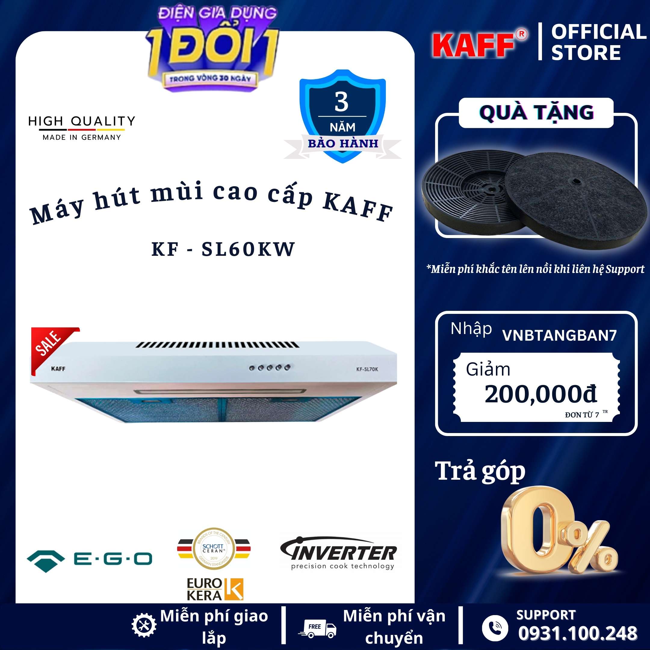 Máy hút mùi cổ điển màu trắng 600mm KAFF KF_SL60KW Tặng bộ lọc than thay thế _ Hàng Chính Hãng