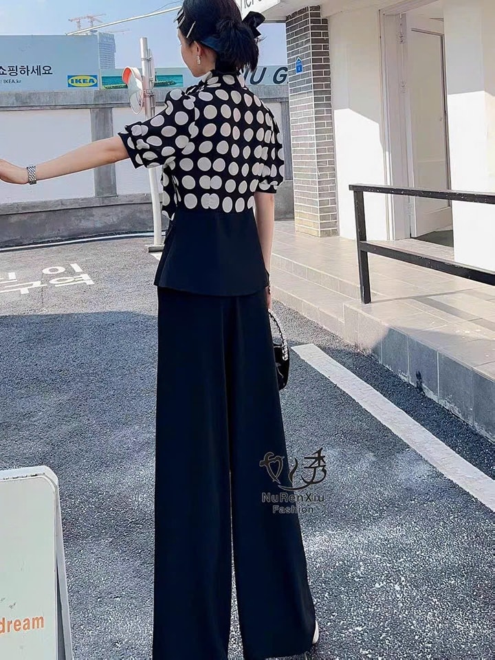 Set bộ nữ quần ống suông + áo kiểu phối bi cột nơ cổ