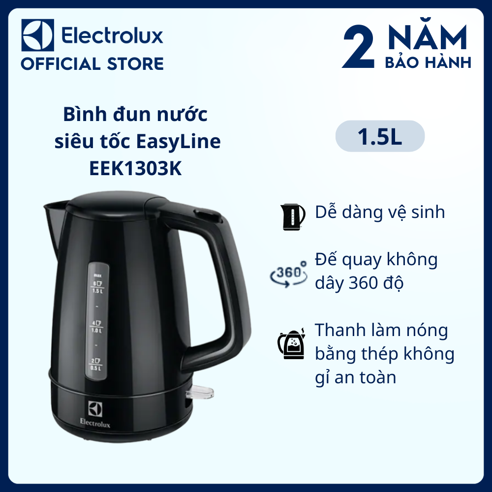 [Quà Tặng] Bình đun nước siêu tốc  Electrolux  1,5L EEK1303K - Dễ dàng vệ sinh, an toàn khi sử dụng - Bảo hành 2 năm toàn quốc [Hàng chính hãng]