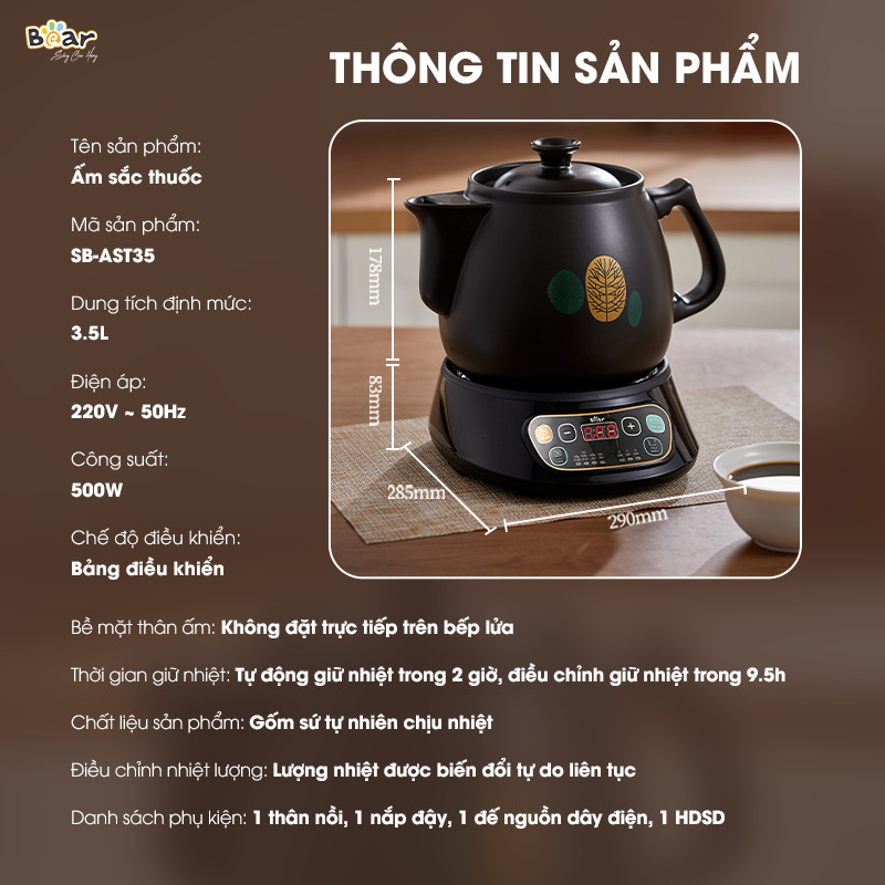 Ấm sắc thuốc Bear SB-AST35 Bản Tiếng Việt hàng chính hãng