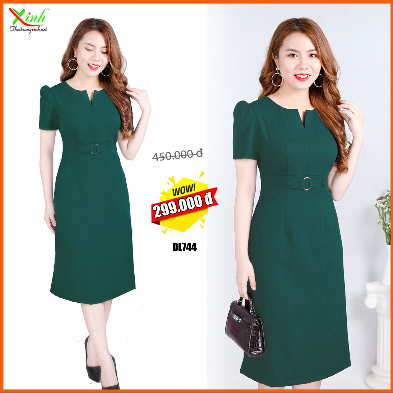 Đầm Suông Xanh Rêu Đậm Thời Thượng DL744