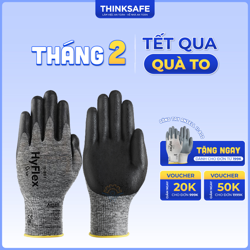 Găng tay đa dụng Ansell Hyflex 11-801, bao tay phủ Nitrile dầy, ôm khít tay, chống bám dầu mỡ, găng tay lao động đa năng - Thinksafe