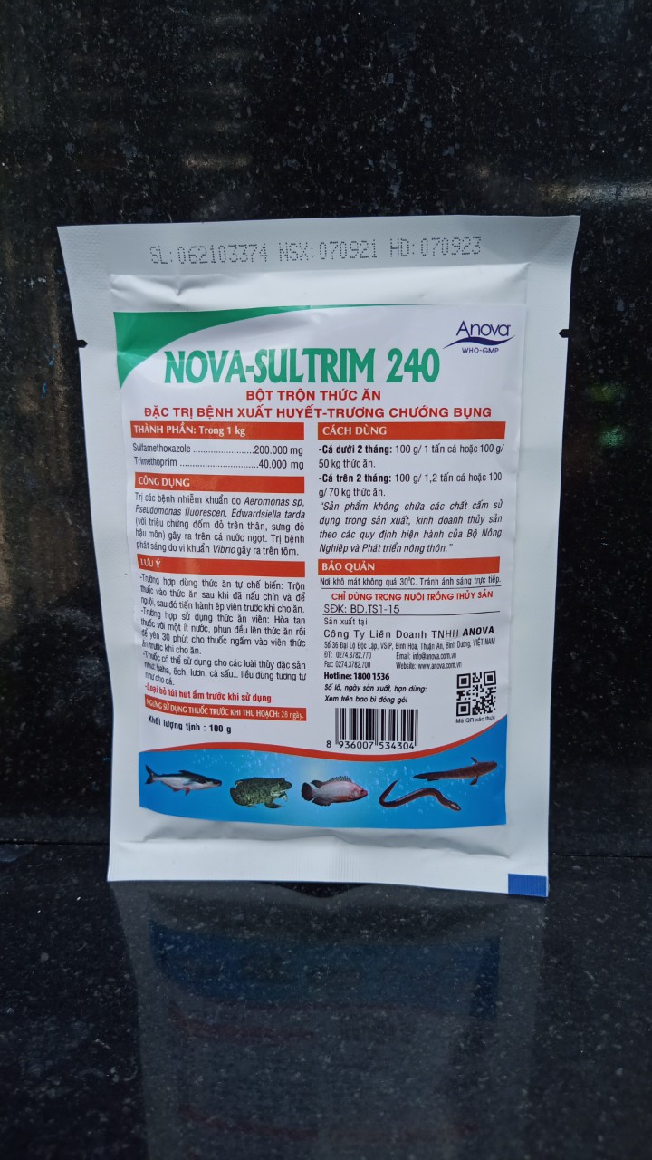 Nova Sultrim 240 Đặc Trị Bệnh Xuất Huyết - Trương Chướng Bụng Ở Cá, Tôm, Ếch, Lươn, Baba
