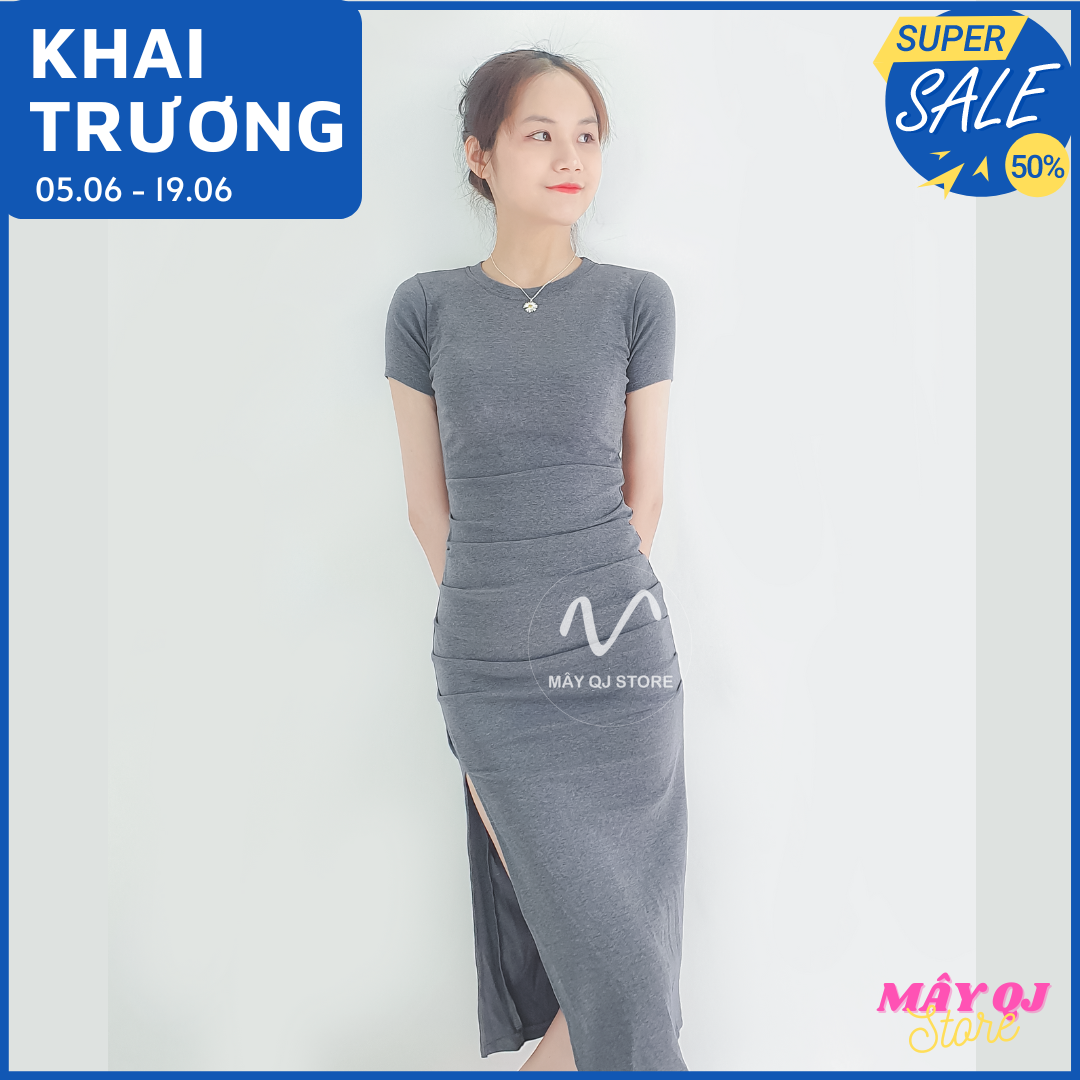 Đầm Nữ Ôm Body Tay Ngắn Dáng Dài Xếp Ly Eo Chất Vải Thun Cotton Mềm Mịn Quyến Rũ Freesize dưới 58kg