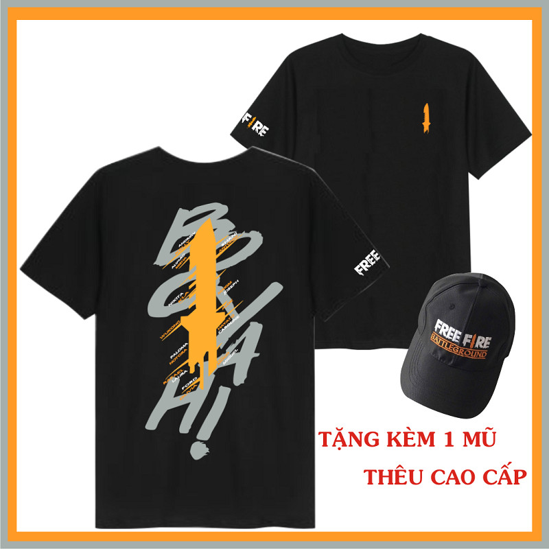 Combo Áo Thun Booyah TẶNG 1 NÓN THÊU Free Fire Màu Đen Cổ Tròn Dành Cho Cả Nam Và Nữ