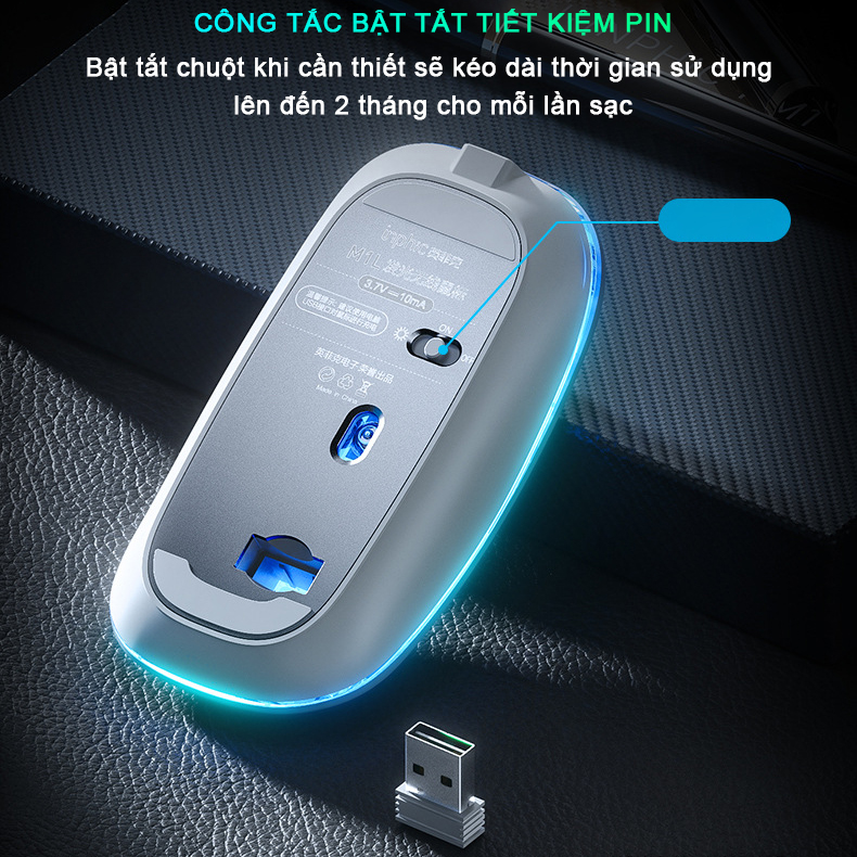 Chuột không dây wireless sạc pin Sidotech M1L bản nâng cấp chuột bluetooth của M1P thiết kế silent tắt tiếng click có LED con lăn kim loại tinh tế dòng chuột sạc pin 1 lần dùng 2 tháng dùng cho máy tính laptop tivi - Hàng Chính Hãng