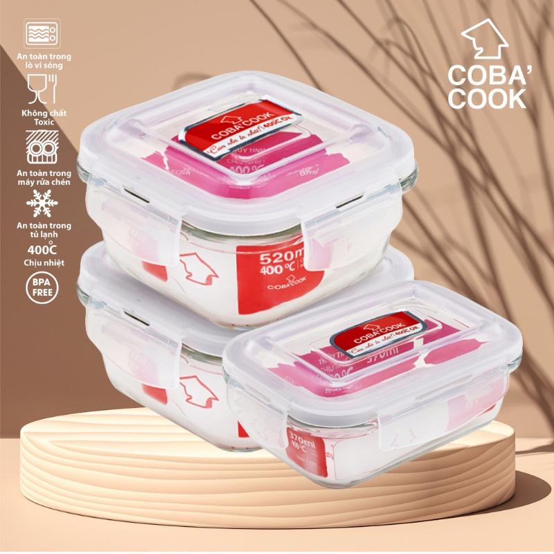 Bộ 3 hộp thủy tinh COBA'COOK chịu nhiệt trữ thực phẩm 2 hộp vuông 520ml 1 hộp chữ nhật 370ml - CCL3S53