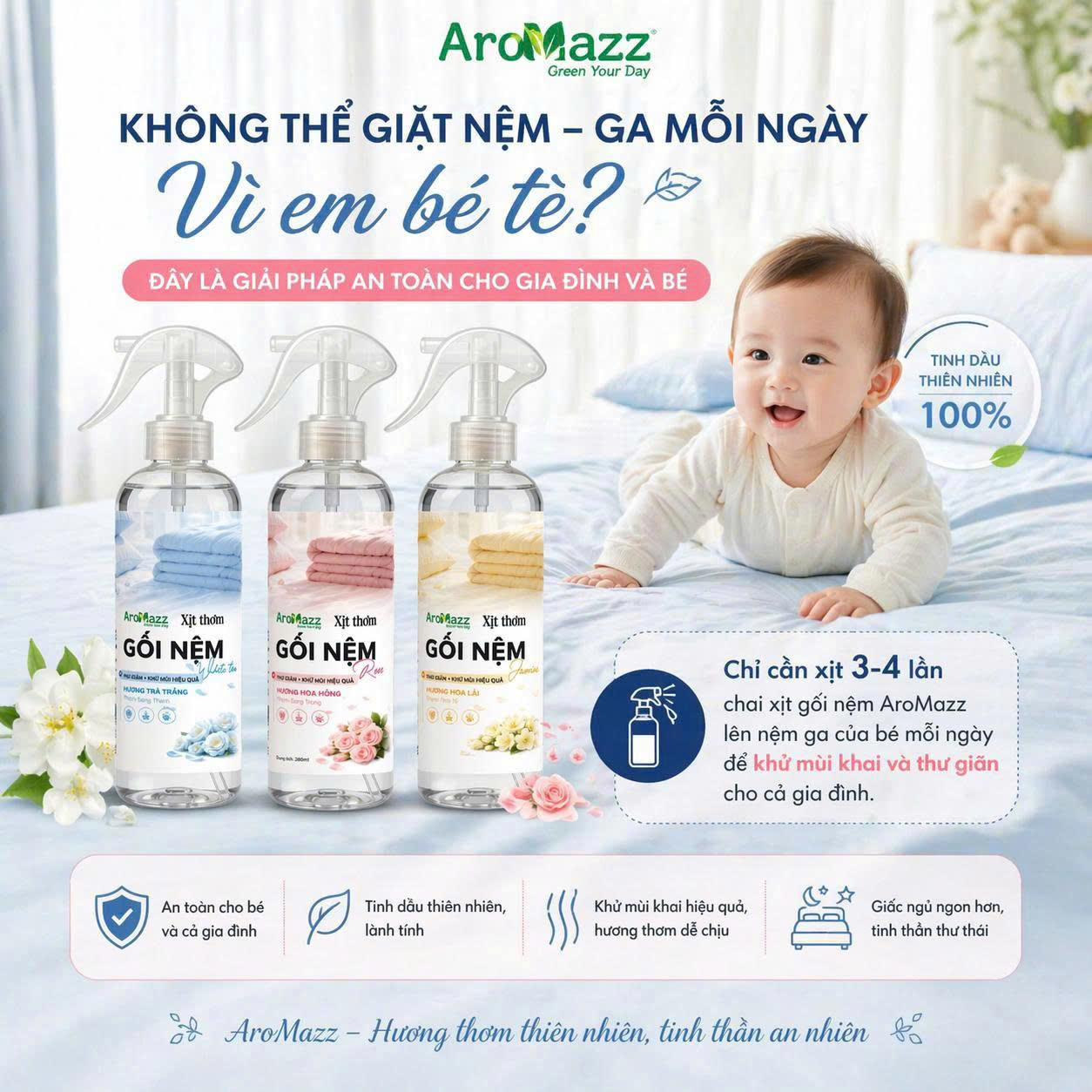 Xịt Thơm Chăn Ga Gối Nệm AroMazz, Khử Mùi Chăn Ga Gối Nệm Thư Giãn Ngủ Ngon Thành Phần Lành Tính An Toàn Sử Dụng Hàng Ngày