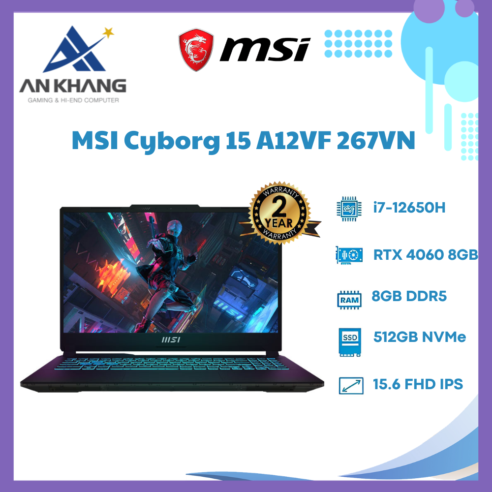 Laptop MSI Cyborg 15 A12VF-267VN (Intel Core i7-12650H | 8GB | 512GB | RTX 4060 | 15.6 inch FHD | Win 11 | Đen) - Hàng Chính Hãng - Bảo Hành 24 Tháng