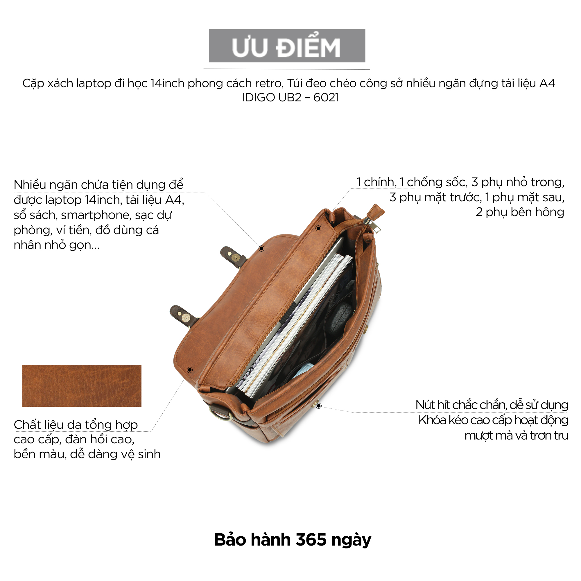 Cặp da đựng laptop đi học 14 inch IDIGO UB2 - 6021, túi xách công sở nam nữ nhiều ngăn đựng tài liệu A4