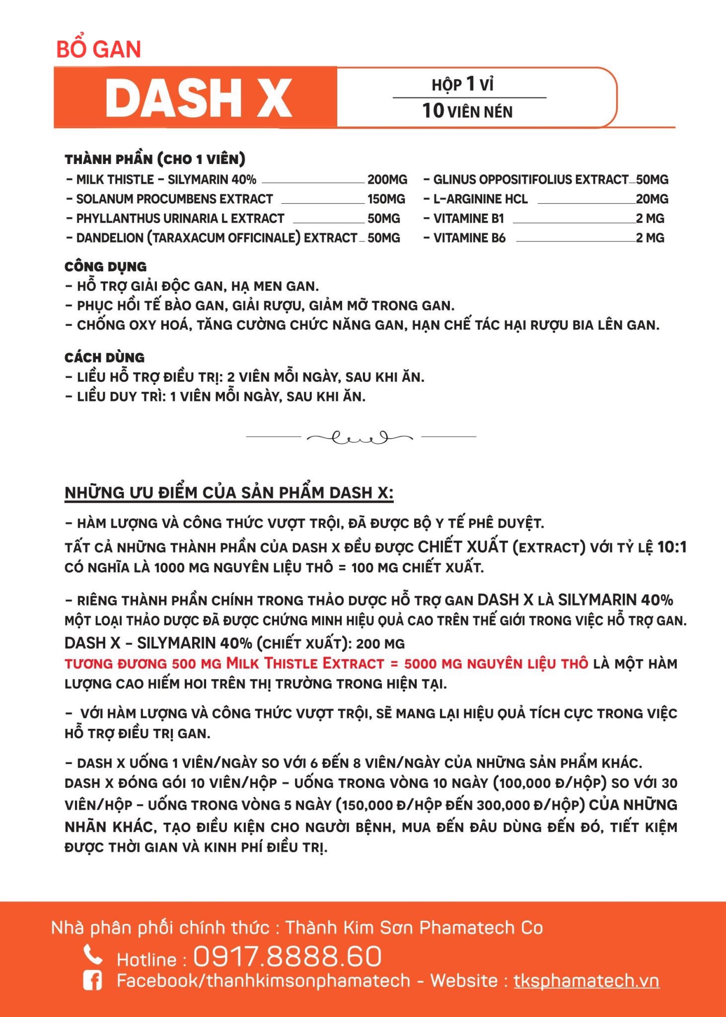 Thực phẩm chức năng - BỔ GAN; DASH X, SYLIMARIN 40% 200MG (500mg Milk Thistle extract); chỉ uống  1 VIÊN/NGÀY; Hỗ trợ : bổ gan, giải độc gan, phục hồi chức năng gan (10 Viên/Hộp)