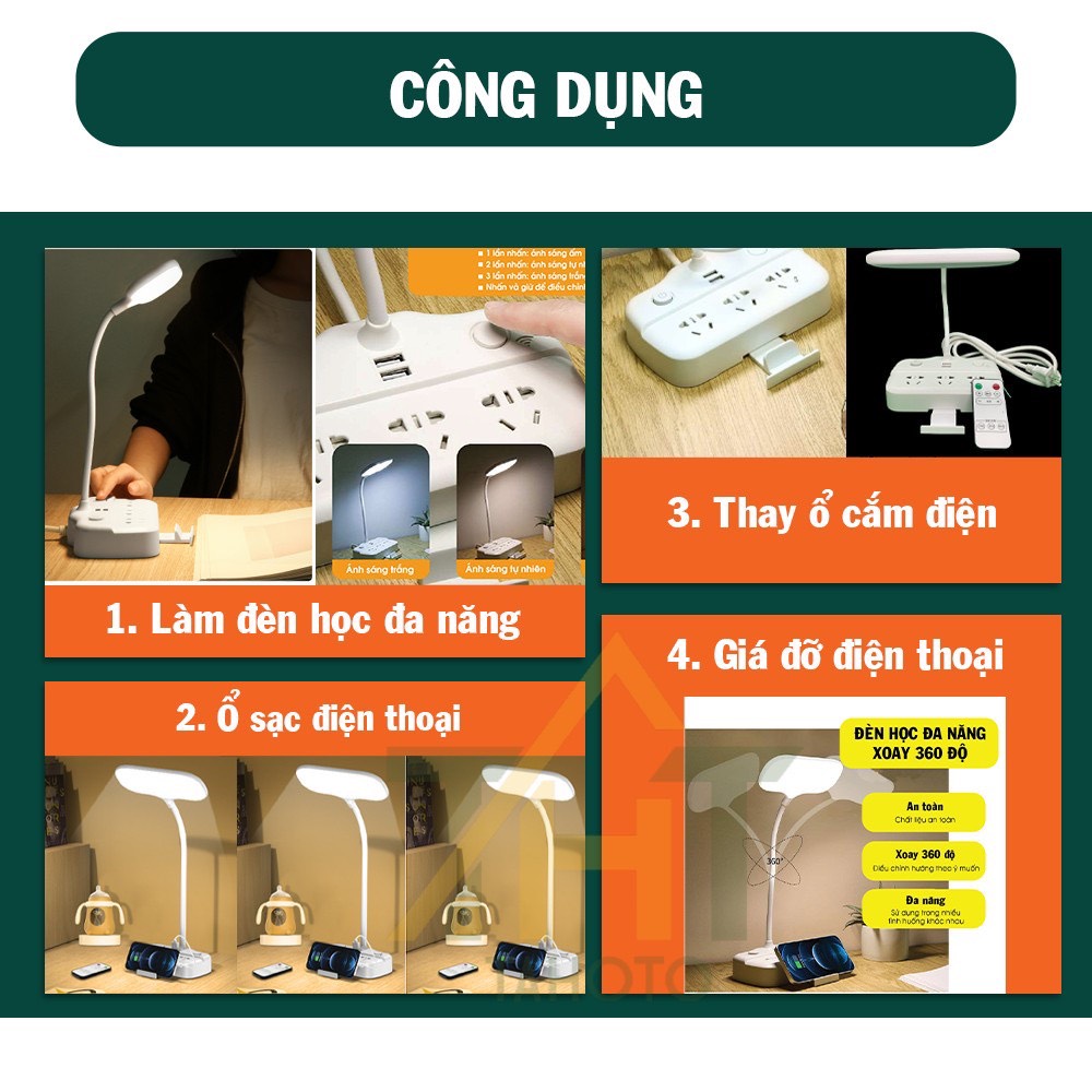 Đèn bàn đèn học đa năng chống cận có 3 chế độ đèn, ổ cắm điện, sạc điện thoại, Led tích điện đa năng hỗ trợ đọc sách, làm việc, trang trí