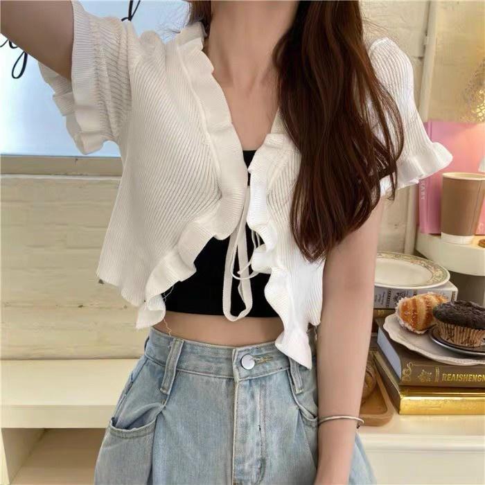 ÁO NỮ CROPTOP THUN GÂN PHỐI BÈO CỘT DÂY