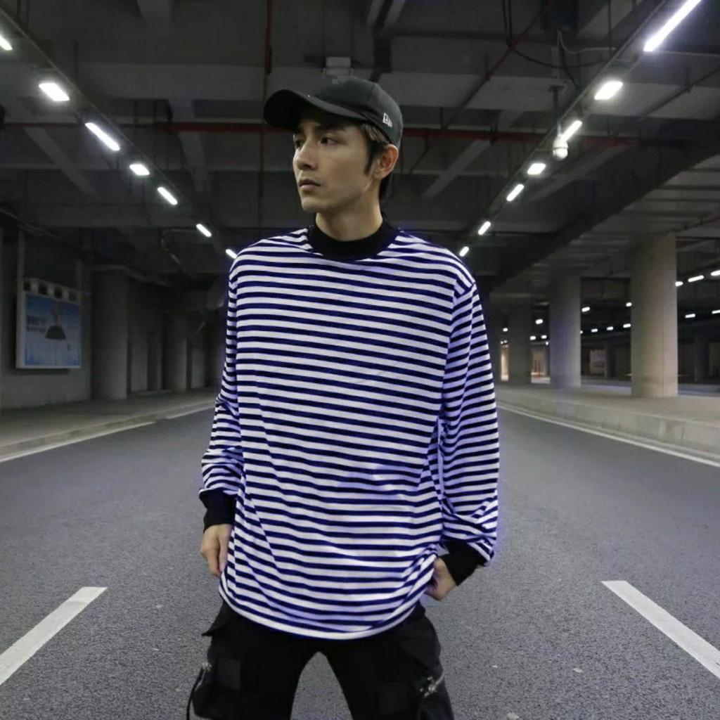 Áo thun nam tay dài cổ tròn sọc ngang xanh trắng áo thun nam form rộng tay lỡ , áo thun nam tay dài áo thun unisex