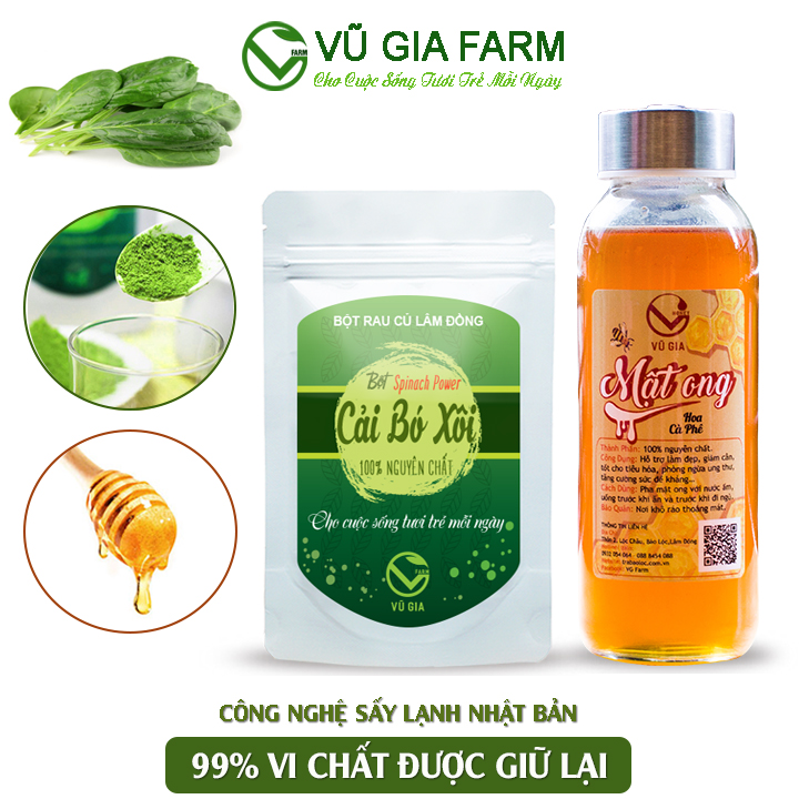 Combo Mật Ong Hoa Cà Phê 420g + Bột Cải Bó Xôi Sấy Lạnh 50g - Nguyên Chất Vũ Gia - Ngăn ngừa xơ vữa động mạch, bệnh đau tim, chất xơ giúp tiêu hóa tốt, kiểm soát cân nặng, hỗ trợ đẹp da, sáng da, chống nắng hiệu quả