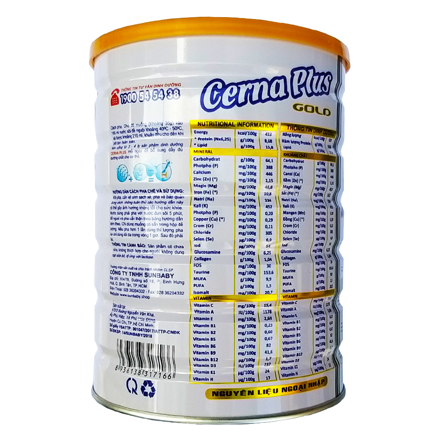Sữa bột  dinh dưỡng Nutri Plus CERNA PLUS sữa cho người tiền tháo đường và tháo đường (900g) Sunbaby NTCESBTC2019