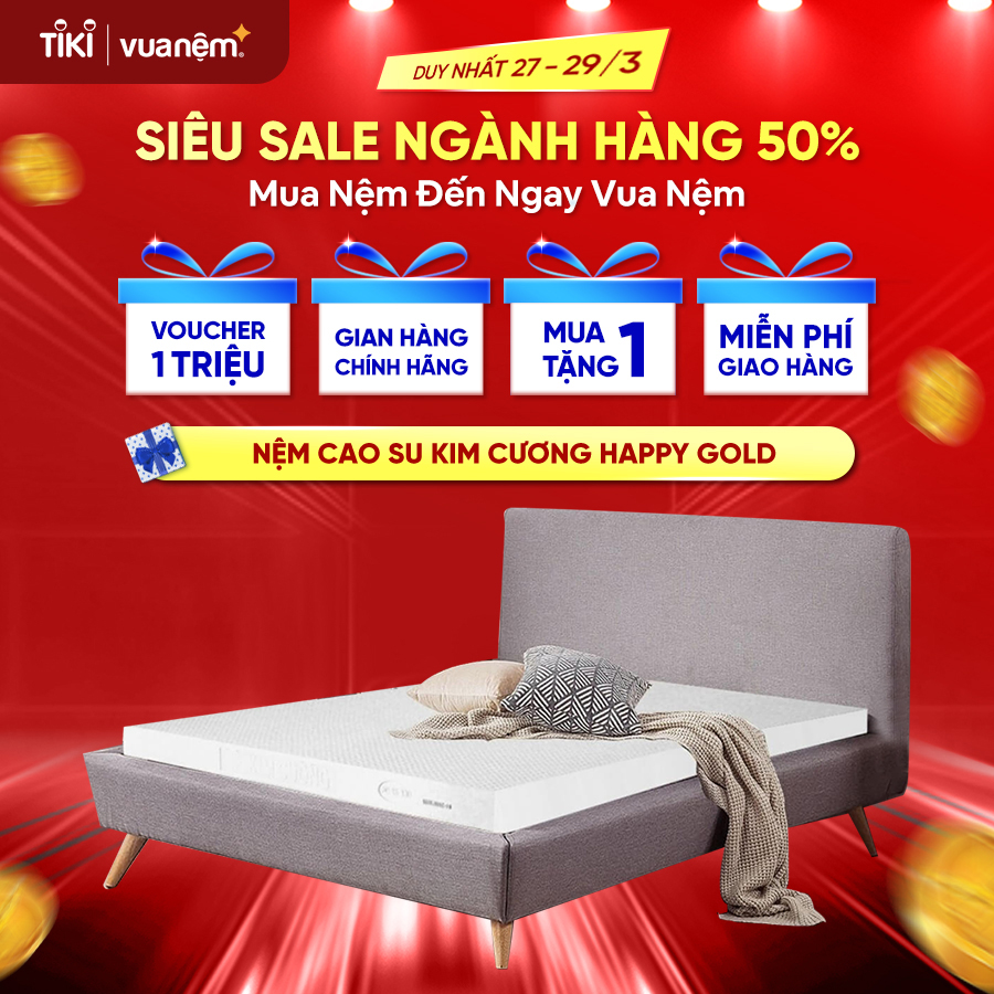 Nệm cao su Kim Cương Happy Gold 100% cao su thiên nhiên, đàn hồi cao, nâng đỡ cơ thể tối ưu, bảo vệ da khỏi dị ứng