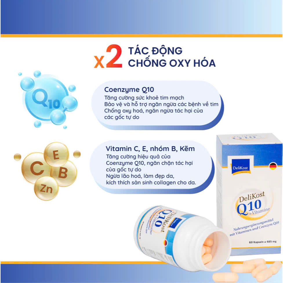 Viên uống Coenzyme Q10 bảo vệ tim mạch, ngăn ngừa lão hóa, làm đẹp da - Delikost Q10 & Vitamin Nhập khẩu Đức - 60 viên