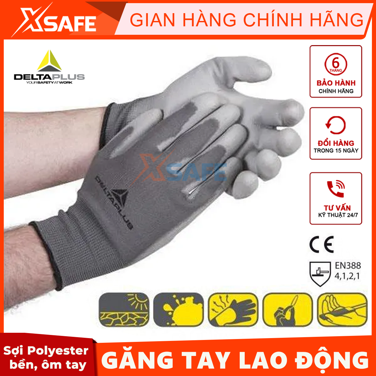 Găng tay lao động Deltaplus VE702PG phủ PU ôm tay, dễ cầm nắm, chống dầu, sửa chữa, vận hành Bao tay đa dụng - XSAFE